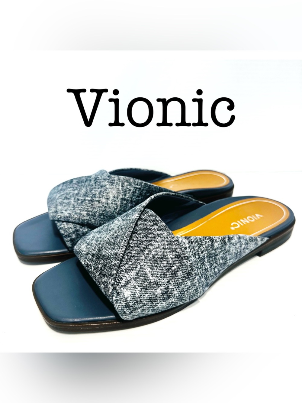 Vionic Miramar Denim Cross-Band Slide Mules Sandals Size 11